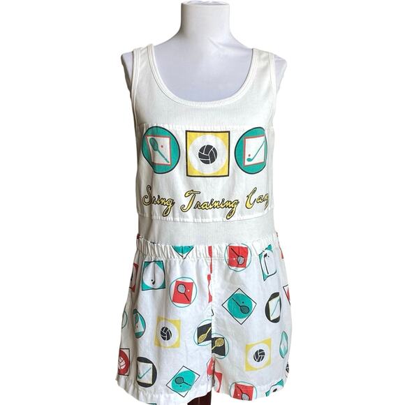 VTG 80s GITANO Novelty Spring Camp Sports Print Romper SZ M Sleeveless One Piece - Picture 1 of 10